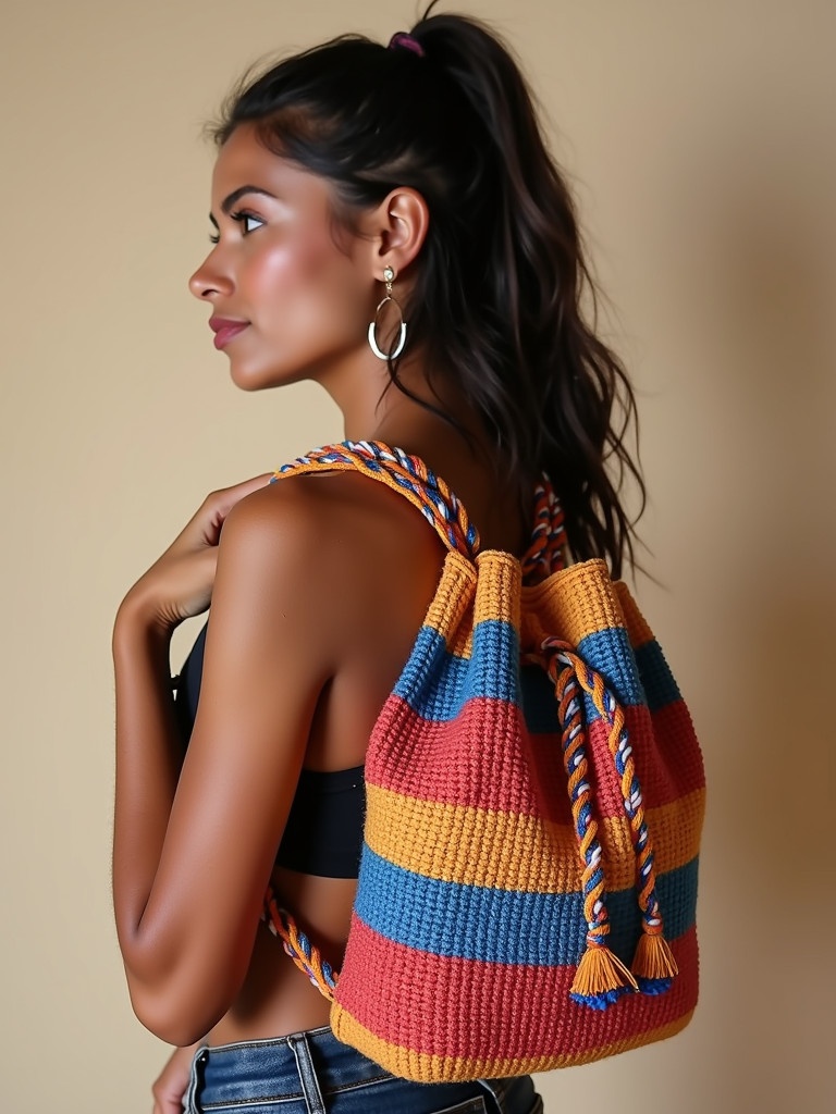 A contemporary young woman showcases a colorful handmade Wayuu backpack. The backpack features vibrant stripes in orange, blue, and yellow. Model stands with a relaxed pose, wearing a casual top and denim shorts. The focus remains on the backpack, emphasizing its unique design and craftsmanship.