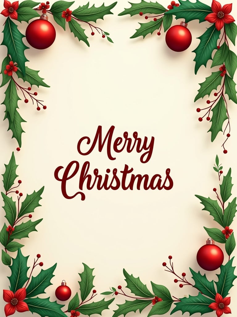 Design of a Christmas greeting. Typography emphasizes the words Merry Christmas. Holly leaves and red ornaments decorate the border. Suitable for festive occasions. Bright and cheerful colors in a warm atmosphere.