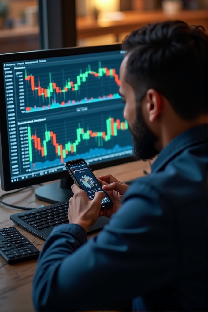 A man at a desk analyzes financial charts on a computer monitor and smartphone, highlighting a digital trading setup.