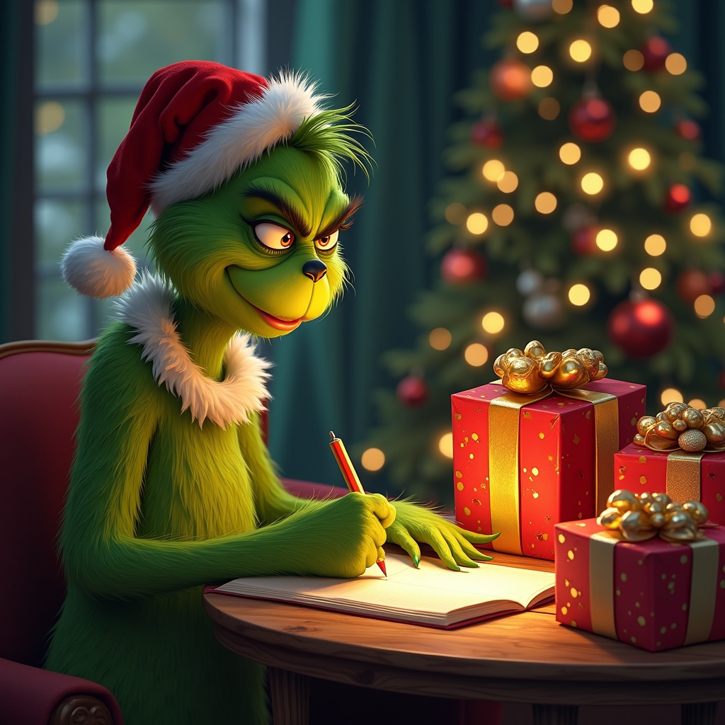 The Grinch, a green animated character, is sitting at a table in a cozy room decorated for Christmas. He is wearing a red Santa hat and a fluffy white collar, writing in a notebook with a red pen. The scene is lit warmly with a decorated Christmas tree in the background and colorful gift boxes stacked nearby. The Grinch's expression is mischievous and contemplative as he writes. The setting conveys a festive, yet slightly cheeky atmosphere as the Grinch plans his next move against Christmas cheer.