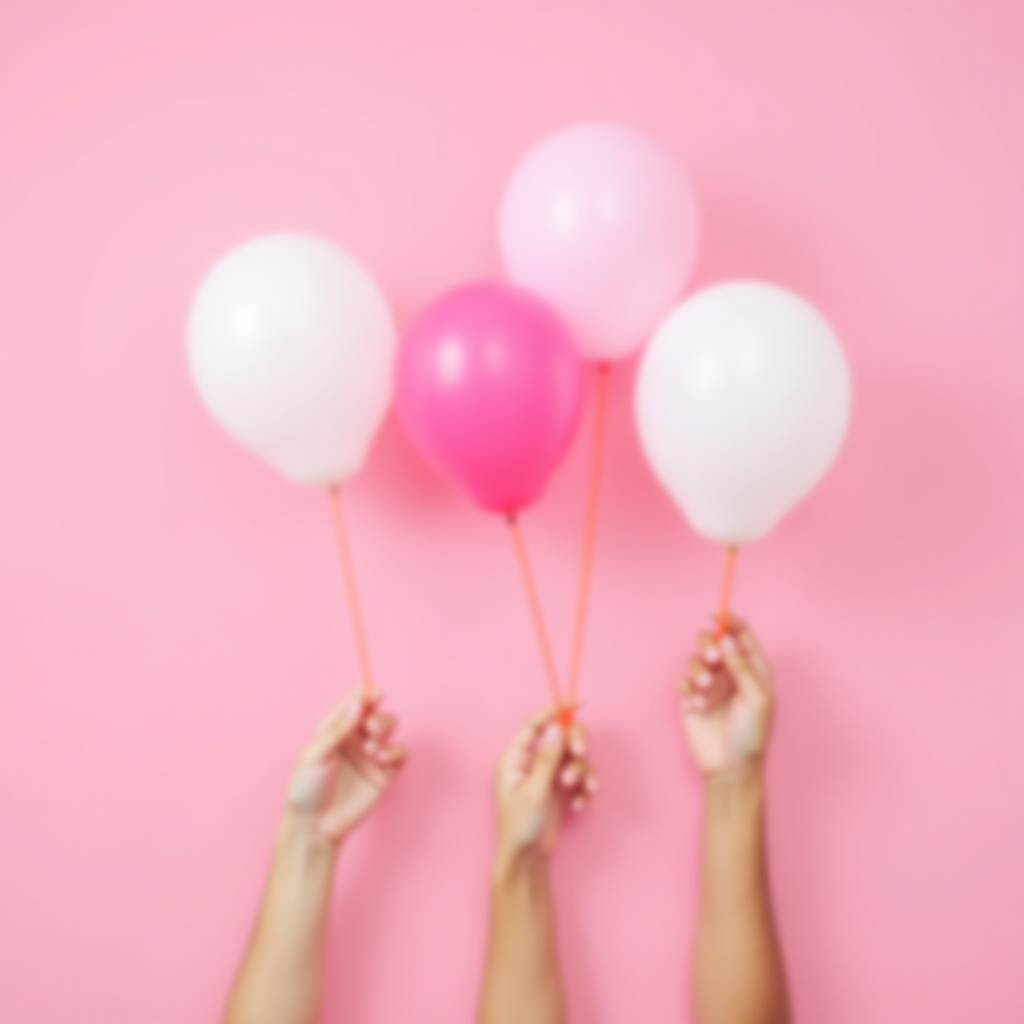 A trio of hands holding colorful balloons against a bright pink background.