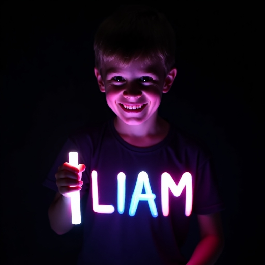 A boy smiles holding a glow stick illuminating the name 'Liam' in bright colors against a dark background. The joyful expression captures fun. Creative light usage adds a magical touch.