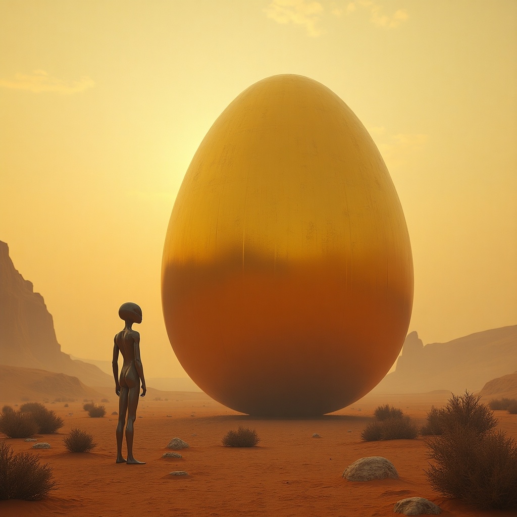 The image presents a surreal and imaginative scene set in a futuristic landscape. A humanoid alien figure stands before a massive golden egg-like structure. The environment suggests a barren yet otherworldly landscape, hinting at an adventure or discovery. The sky is filled with warm hues, indicating a sunset that adds to the dramatic feel of the scene. The overall composition conveys a sense of mystery and exploration, inviting viewers to wonder about the story behind the egg and its relation to the alien presence.