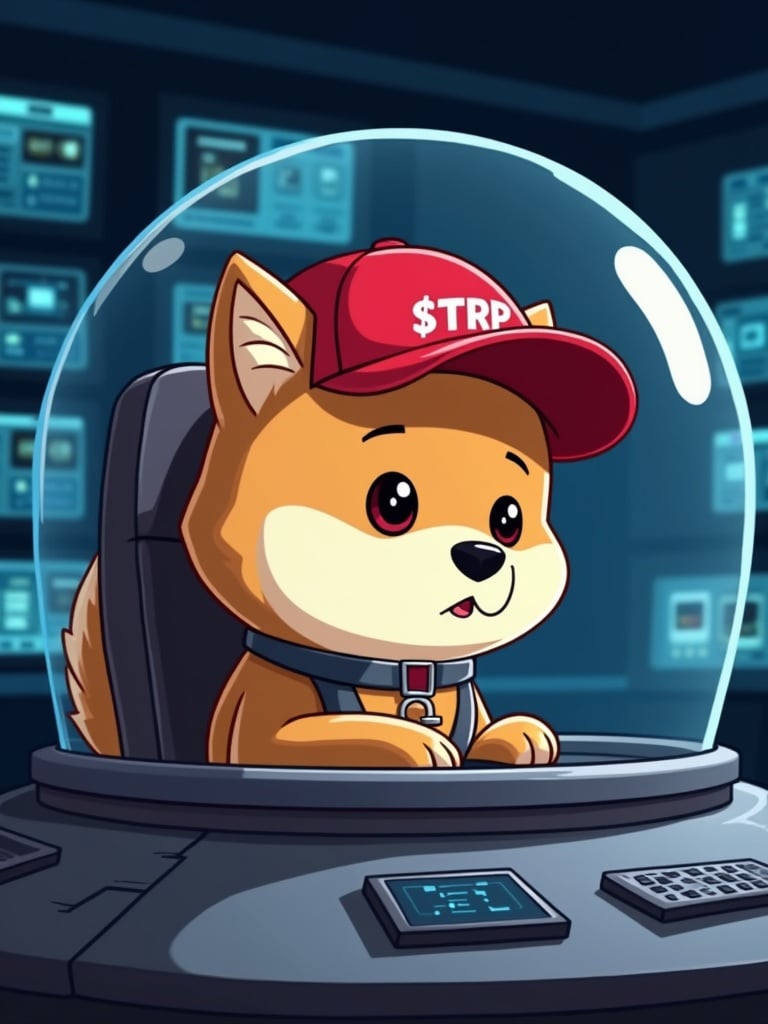 Animated cartoon character of a Shiba dog. Character wears a red baseball cap labeled $TRP. Dog sits inside a spaceship. Background depicts a dark blue control room filled with computers.