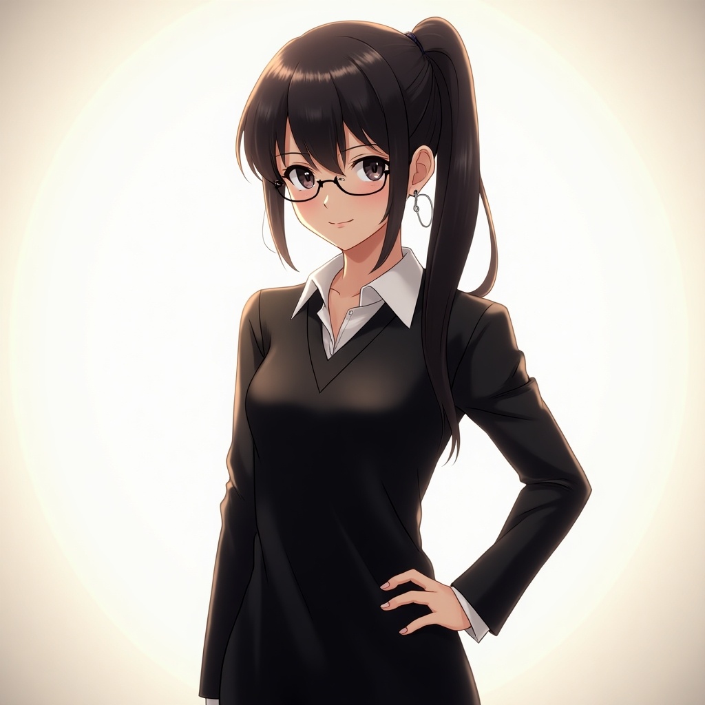 Digital artwork features anime character with long dark hair styled in a ponytail. Character wears glasses and a sleek black outfit. The character appears confident and poised, with glossy dress texture. Softly lit background highlights character as central focus.