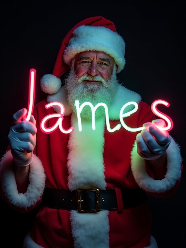 Santa Claus wearing a traditional red and white suit. Santa holding a neon sign that spells James. Cheerful expression reflecting holiday spirit. Dark background enhances glowing effect of text.