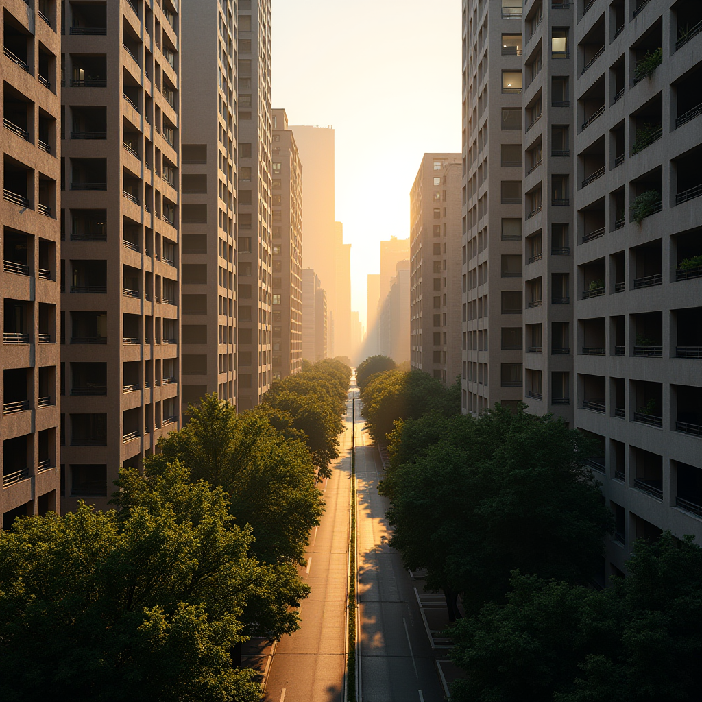 Sunlight streams down a deserted city street lined with modern high-rise buildings and lush trees.