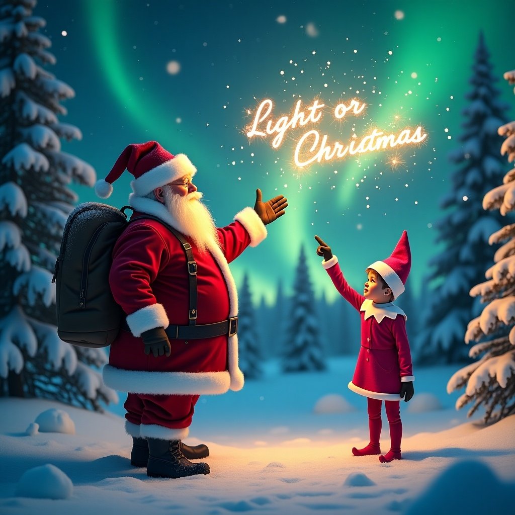 Santa Claus and a female elf in pink attire interact in a snowy landscape. They are surrounded by tall, snowy trees. Magical northern lights illuminate the scene. An enchanting atmosphere with gently falling snowflakes. The female elf points upward as if writing in the sky.