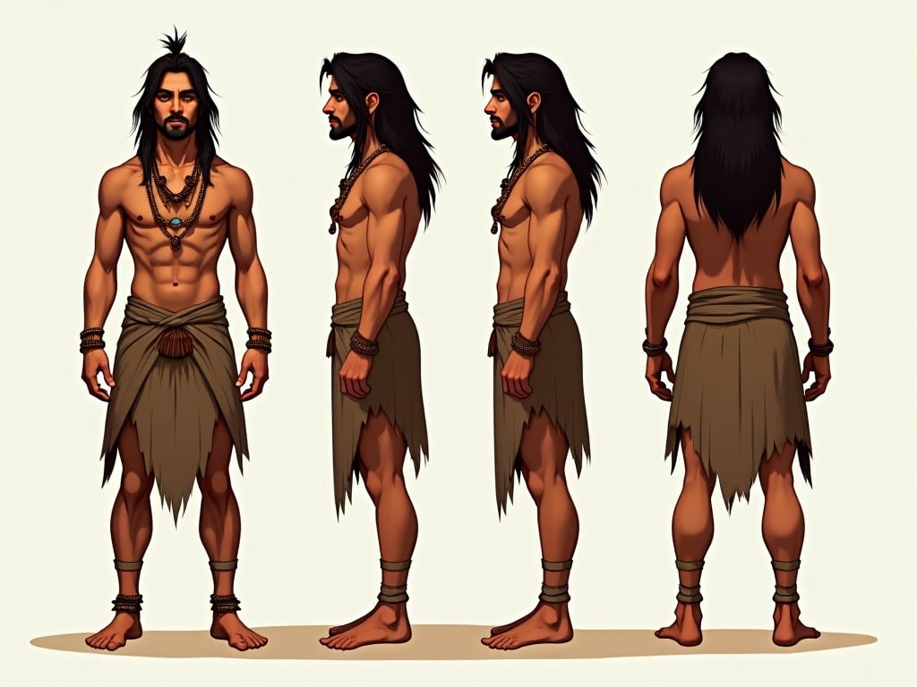 This image features a character design of an ancient warrior, depicted from four different angles: front, side, and back. The young man has long hair that reaches the end of his neck, wearing traditional tribal attire. He is adorned with various jewelry that reflects his culture and stands barefoot on a plain, light-colored background which enhances his presence. The focus is entirely on his physique and attire, showcasing an artistic representation that is both striking and informative.