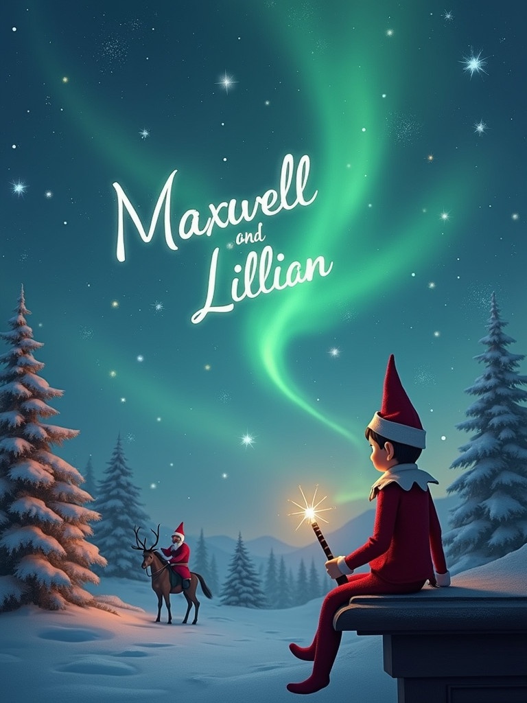 Elf on the shelf sits with a wand. Elf faces sky. Light trails form words. Background includes northern lights and Christmas trees. Winter scenery inspires magic.