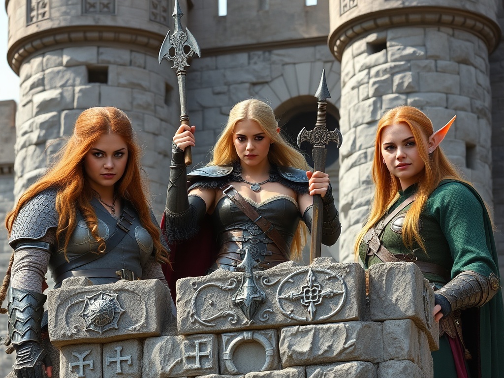 Three fierce warrior women in armor stand on the castle battlements, exuding strength and unity.