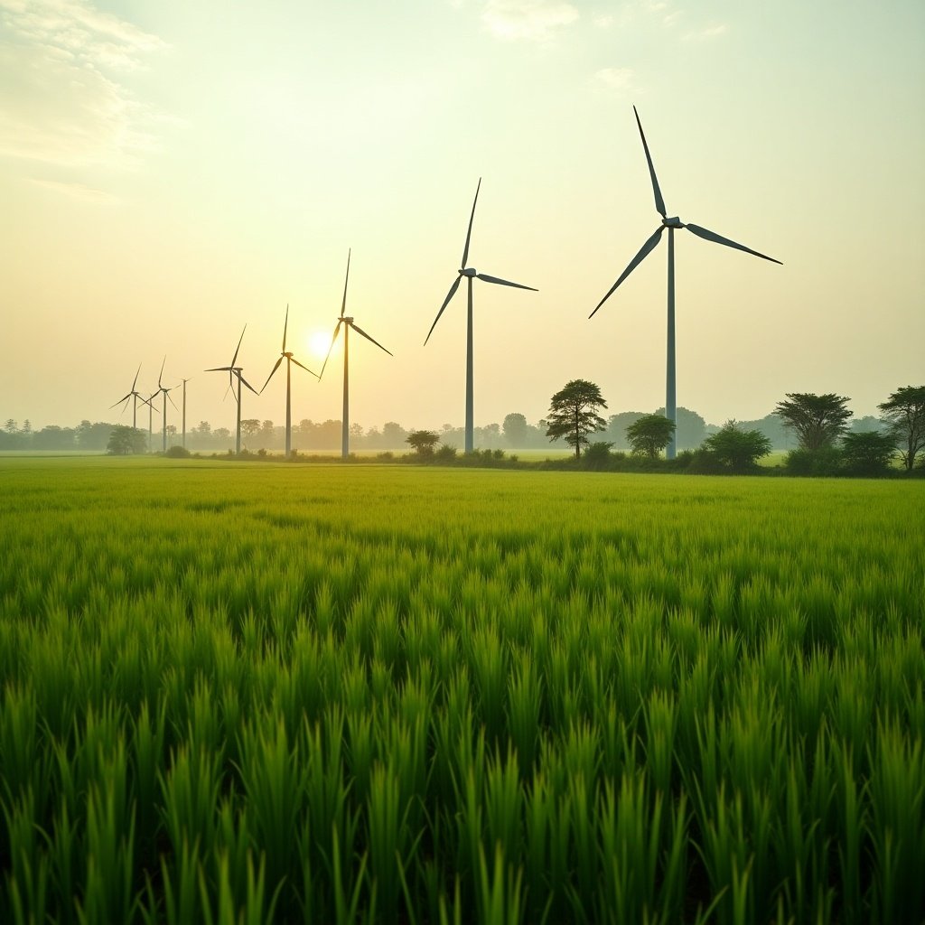 Wind turbines in a bright sunset over lush green rice fields in rural India.