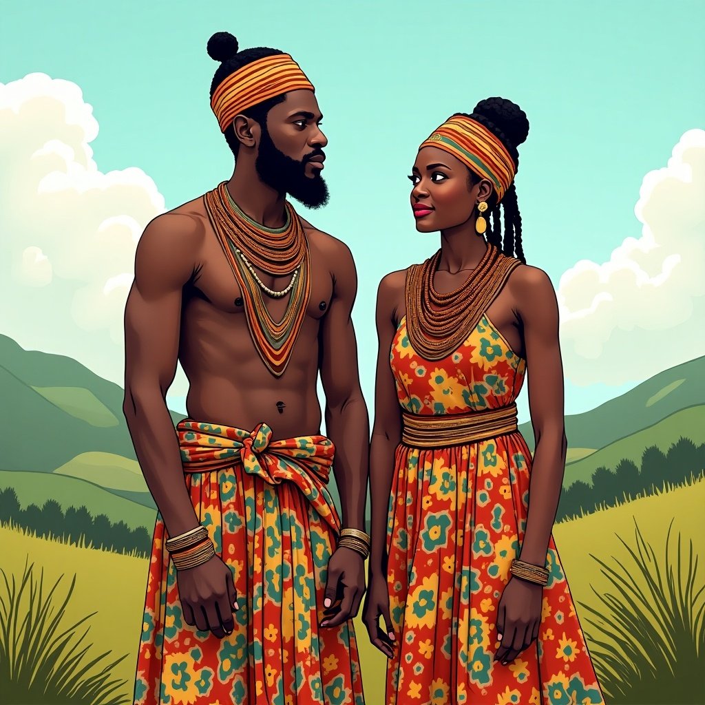 Illustration of a Kogi Nigerian man and an Urhobo Nigerian woman in traditional attire. Beautiful natural background with hills and blue sky.