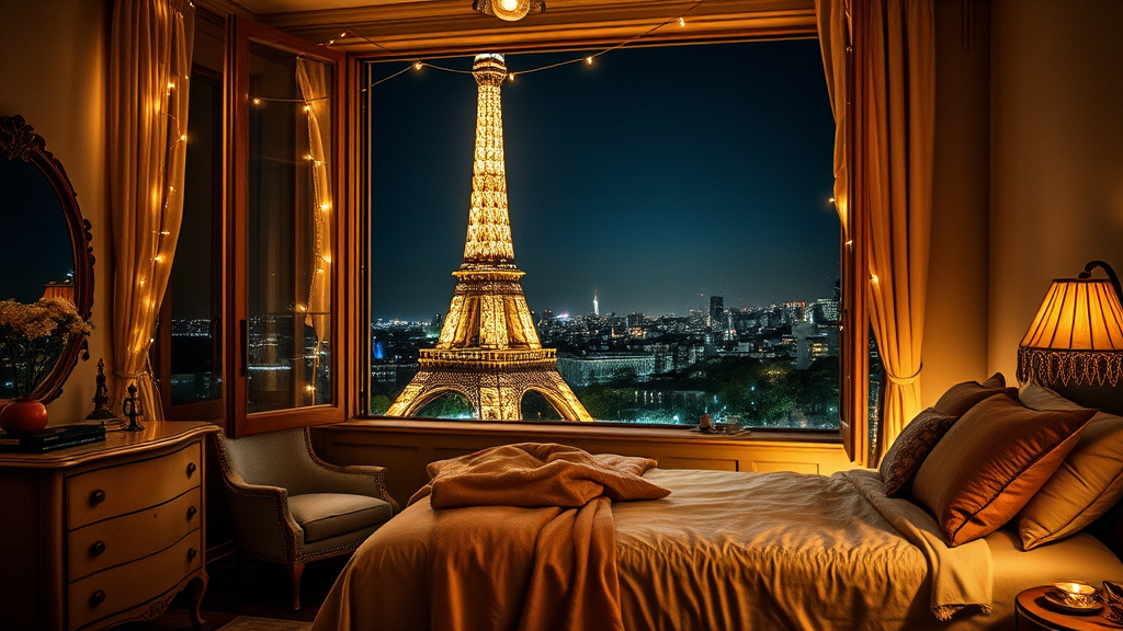 A cozy bedroom with warm lighting and fairy lights, overlooking a dazzling Eiffel Tower at night.