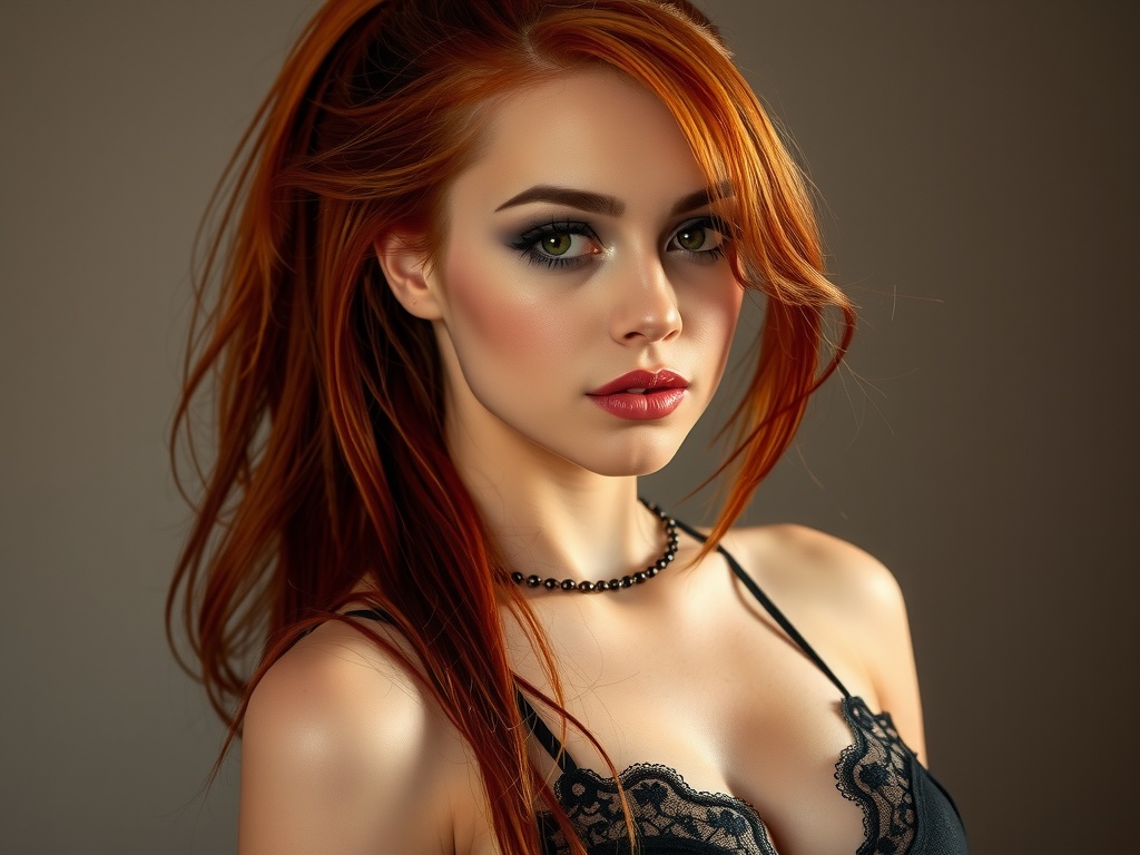 A captivating portrait of a woman with striking red hair and elegant makeup.