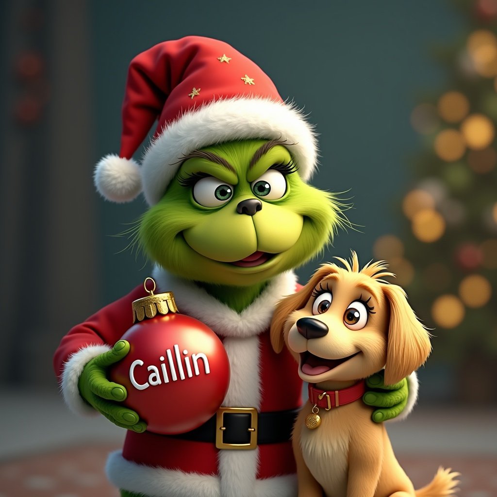 A cartoonish green character dressed as Santa holds a red bauble with the name 'Caillin.' A small dog stands beside the character. Background includes a decorated Christmas tree and soft lighting.