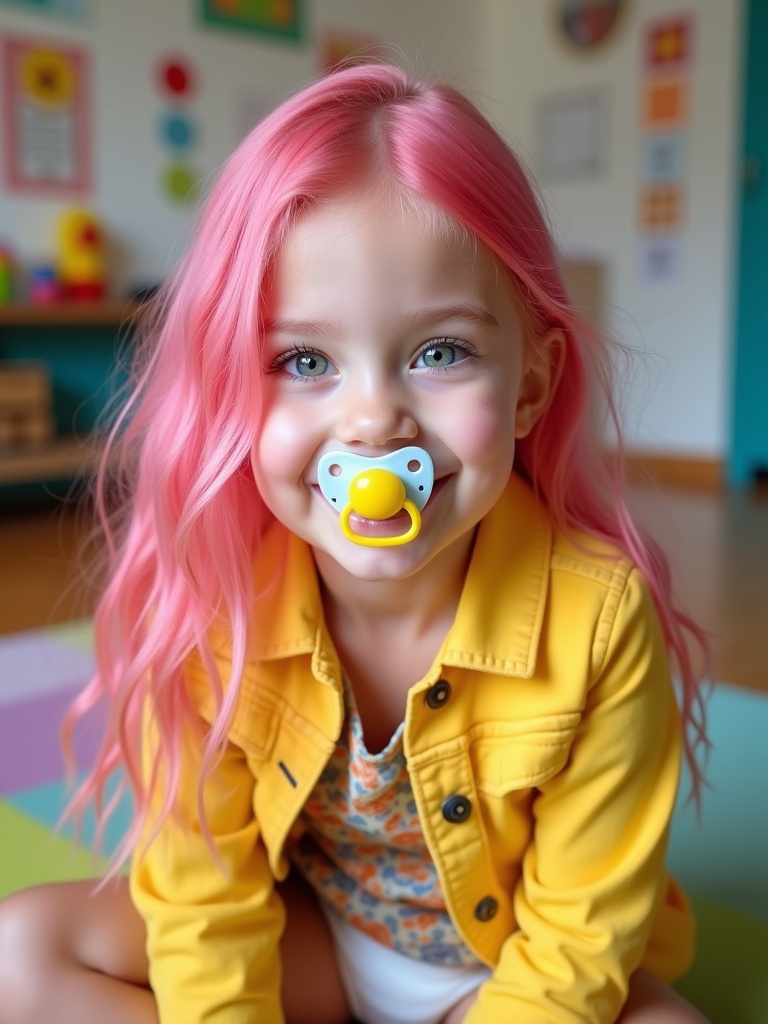 A six year old girl sitting with long pink hair and emerald green eyes. She is wearing a bright yellow denim jacket and white shorts. The background is a colorful kindergarten setting. The girl has a playful smile and is visible with a pacifier.