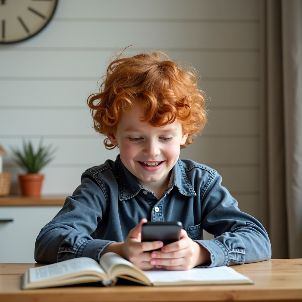 A young child with curly red hair sits at a table, joyfully using a smartphone with an open book beside them, in a cozy room with a potted plant and a large wall clock in the background.