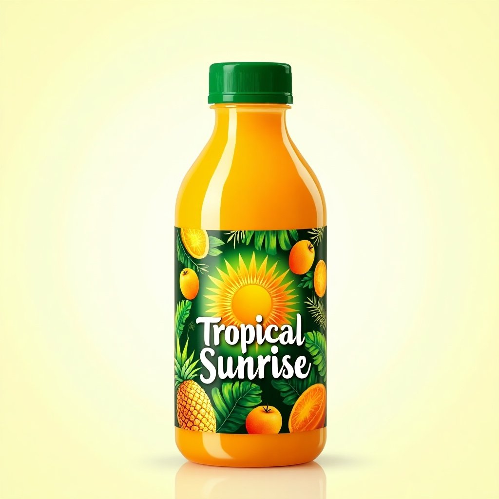 A bottle of juice with a tropical flavor label. Label features a sun and various fruits like pineapple and oranges. Bright colors make it appealing.