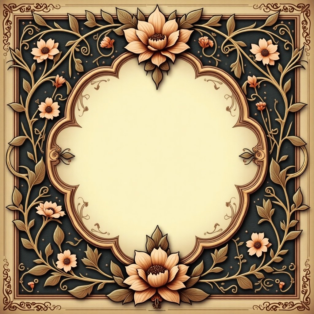 Beautiful vintage label design with intricate floral patterns surrounding the edges. Central focus is a classic ornate frame with space for custom text or branding. Rich earthy tones of browns and golds provide a timeless and elegant appeal. Delicate vines and leaves are illustrated, intertwined with small buds and blossoms. Overall appearance is reminiscent of antique packaging labels from the early 1900s. Design exudes craftsmanship and attention to detail, ideal for luxury products or artisan goods.