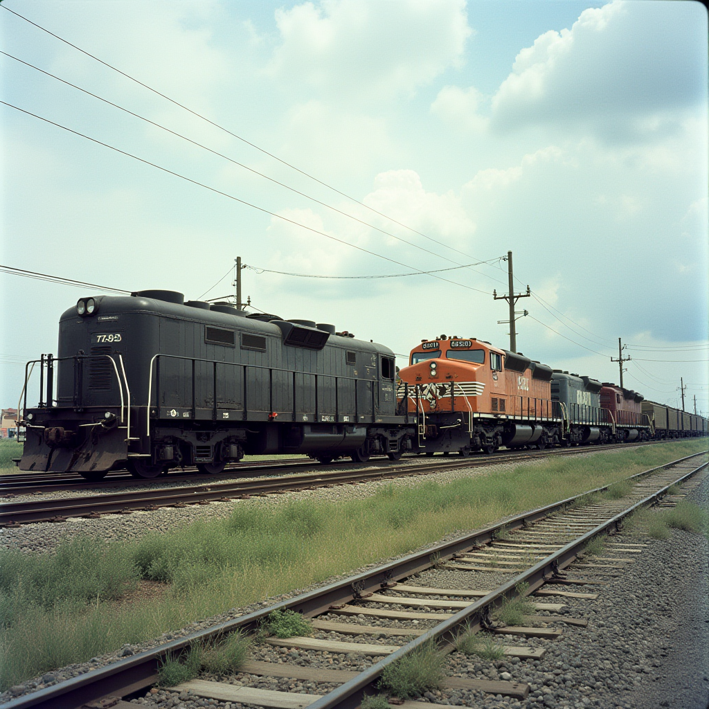 A row of colorful locomotives on parallel train tracks under a cloudy sky.