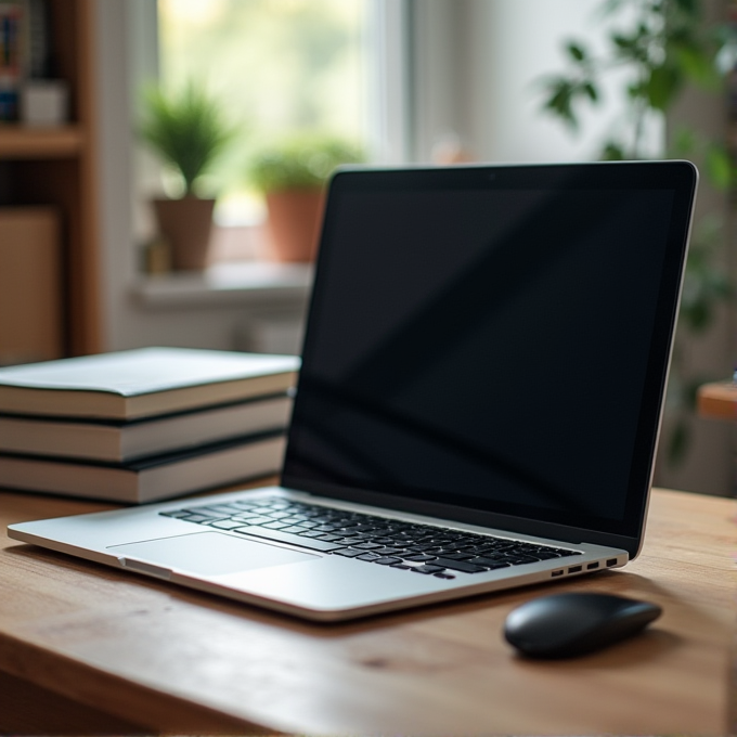 A laptop with a blank screen sits on a wooden desk next to a stack of books, with potted plants visible in the soft-focus background.