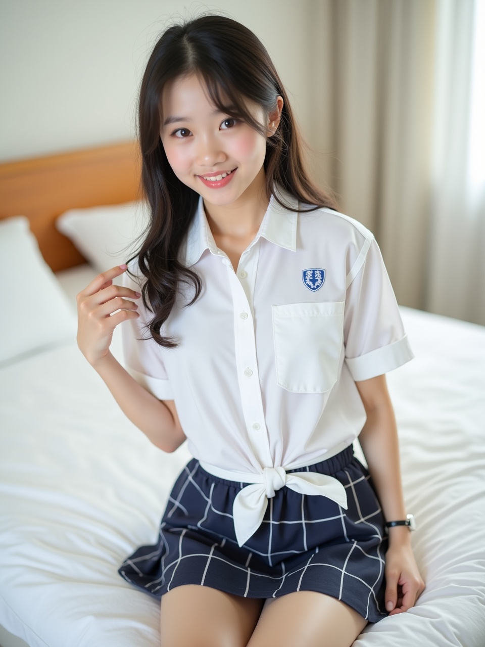 A young woman sitting on a bed, wearing a school uniform with a tied white shirt and a checkered skirt, smiling warmly at the camera in a softly lit room.