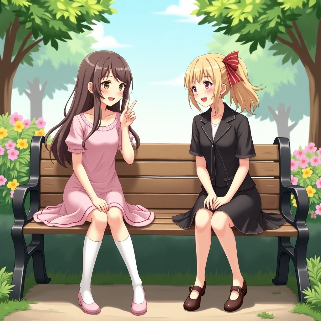 Two girls meet at a park bench. One girl is in elegant clothing, the other in simple attire. They are exchanging shy smiles or sharing a laugh.