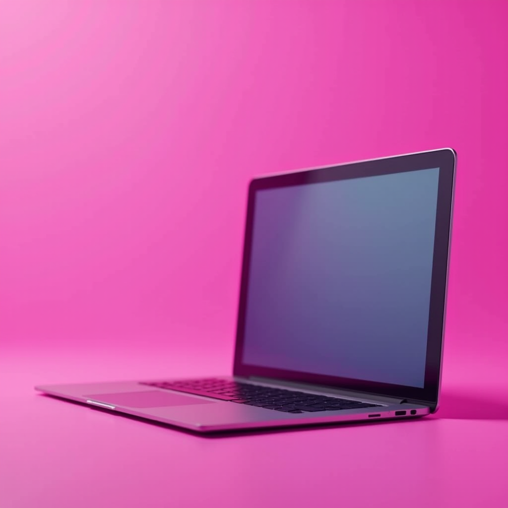 A sleek laptop set against a vibrant pink background.