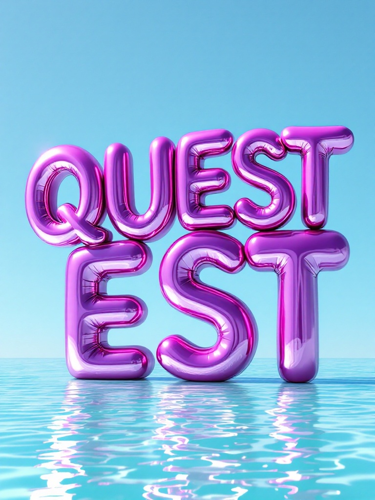 Vibrant purple letters spelling 'QUEST' styled as a sculpture. Glossy mirror-like finish reflects light. Letters exhibit exaggerated curves and highlights. Background features a light blue Caribbean sea. Simple composition focuses on the sculpture.