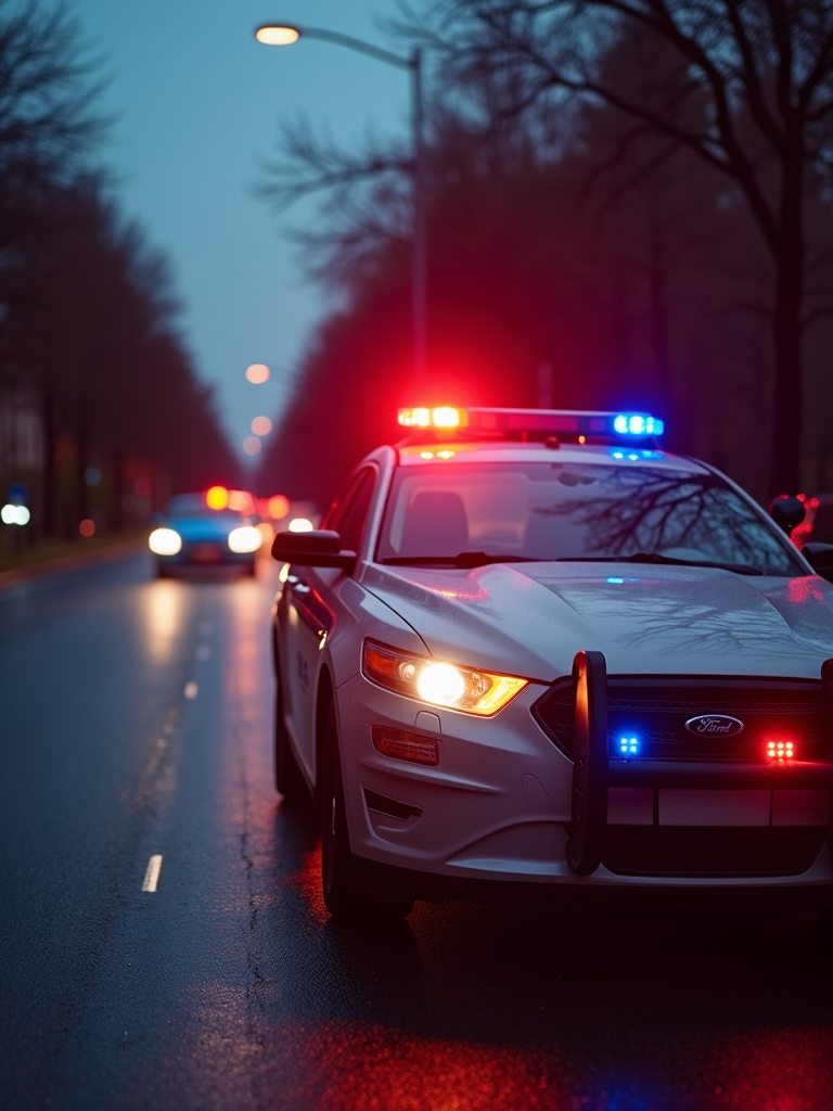 A police car with flashing lights is parked on a wet road at dusk.