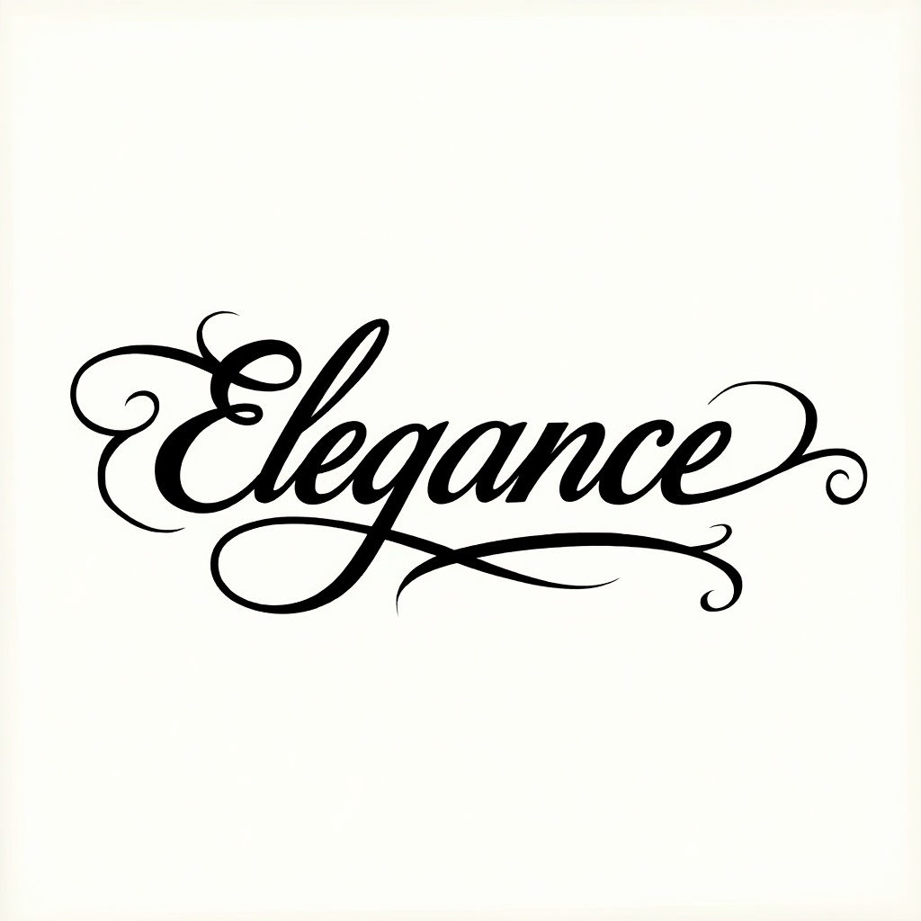 The word 'Elegance' written in ornate calligraphy. Flourishes adorn the letters. Black text on a light background.