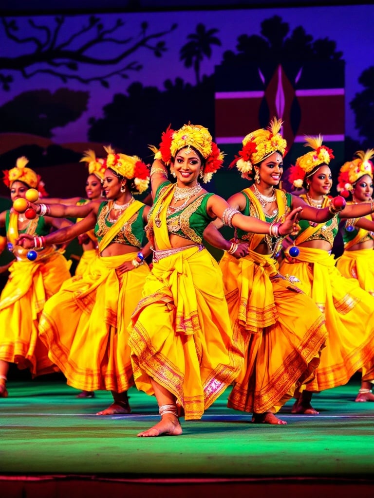 Vibrant photograph captures traditional Indian dance performance on stage. Eight women performers are in synchronized formation. Dominating colors are warm yellow, orange, red, and black. Dancers wear bright orange-yellow skirts and green blouses. Elaborate headdresses of red flowers and tall feathers adorn their heads. Performers hold traditional drums and rattles. The stage has a deep green carpet with a Kenyan flag mural in the background. Bright artificial lighting enhances the scene. The composition focuses on their movements and cultural attire.