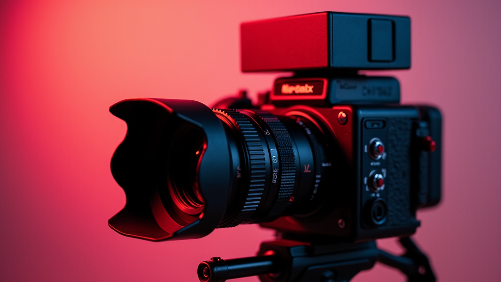 A vintage-style camera with a prominent lens hood is illuminated by a striking red light.