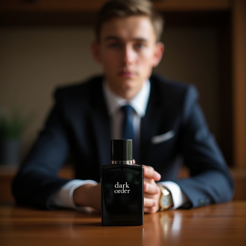 Fragrance bottle labeled 'dark order' on wooden table in foreground with a young man in a suit in background.