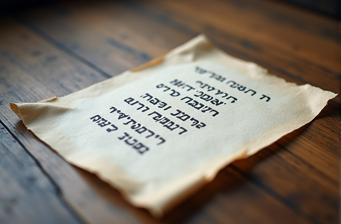 The image shows a piece of aged paper with Hebrew writing on a wooden surface.