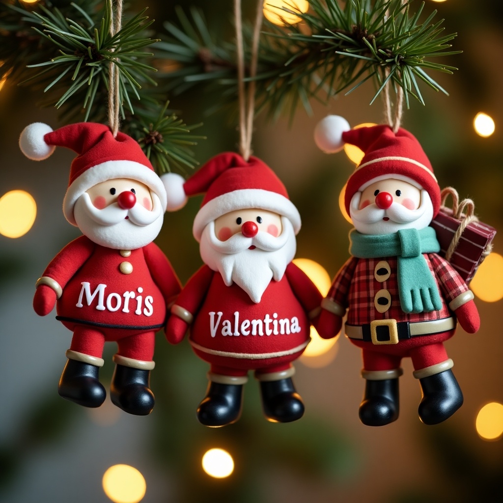 Three Santa figurines hanging on a tree. Each Santa wears red and white attire. Names Moris Valentina and Benjamin are displayed on their outfits. The background features warm twinkling lights.