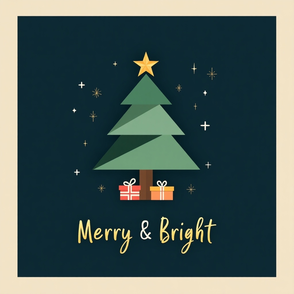 Modern Christmas card design features minimalist Christmas tree made from geometric shapes. Tree is in shades of green with gold star. Deep navy blue background has subtle stars and snowflakes. Base of tree has stack of wrapped presents. Bold gold letters read 'Merry & Bright.'