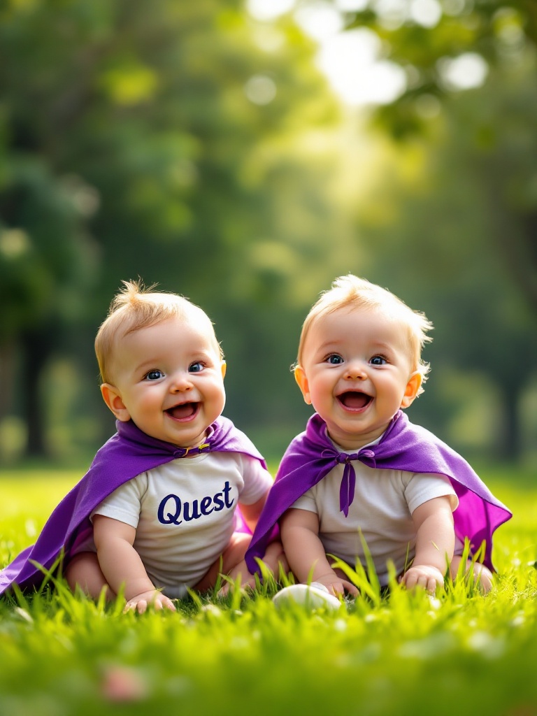 Two happy babies on green grass wearing purple capes. One has a Quest shirt. The scene shows joy and innocence with beautiful trees in the background.