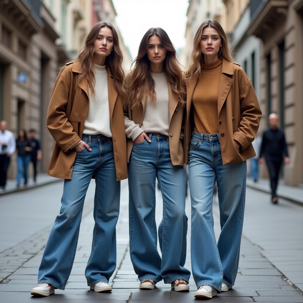 Three girls in their 20's showcase baggy jeans and stylish outfits. They pose close to each other on a city street. Sassy expressions and confident stances add to the fashionable vibe.