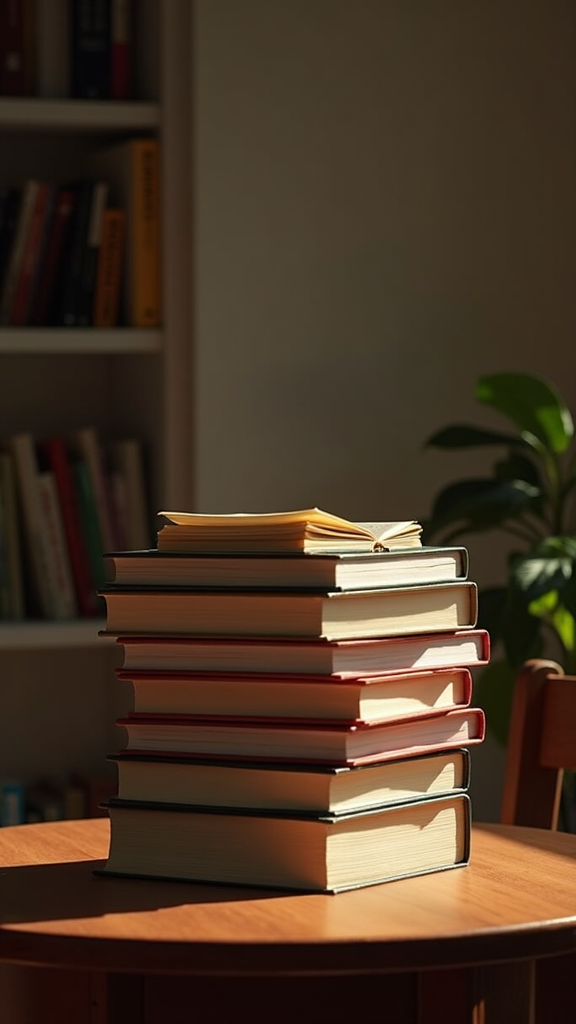 A tall stack of books sits on a wooden table, illuminated by sunlight.