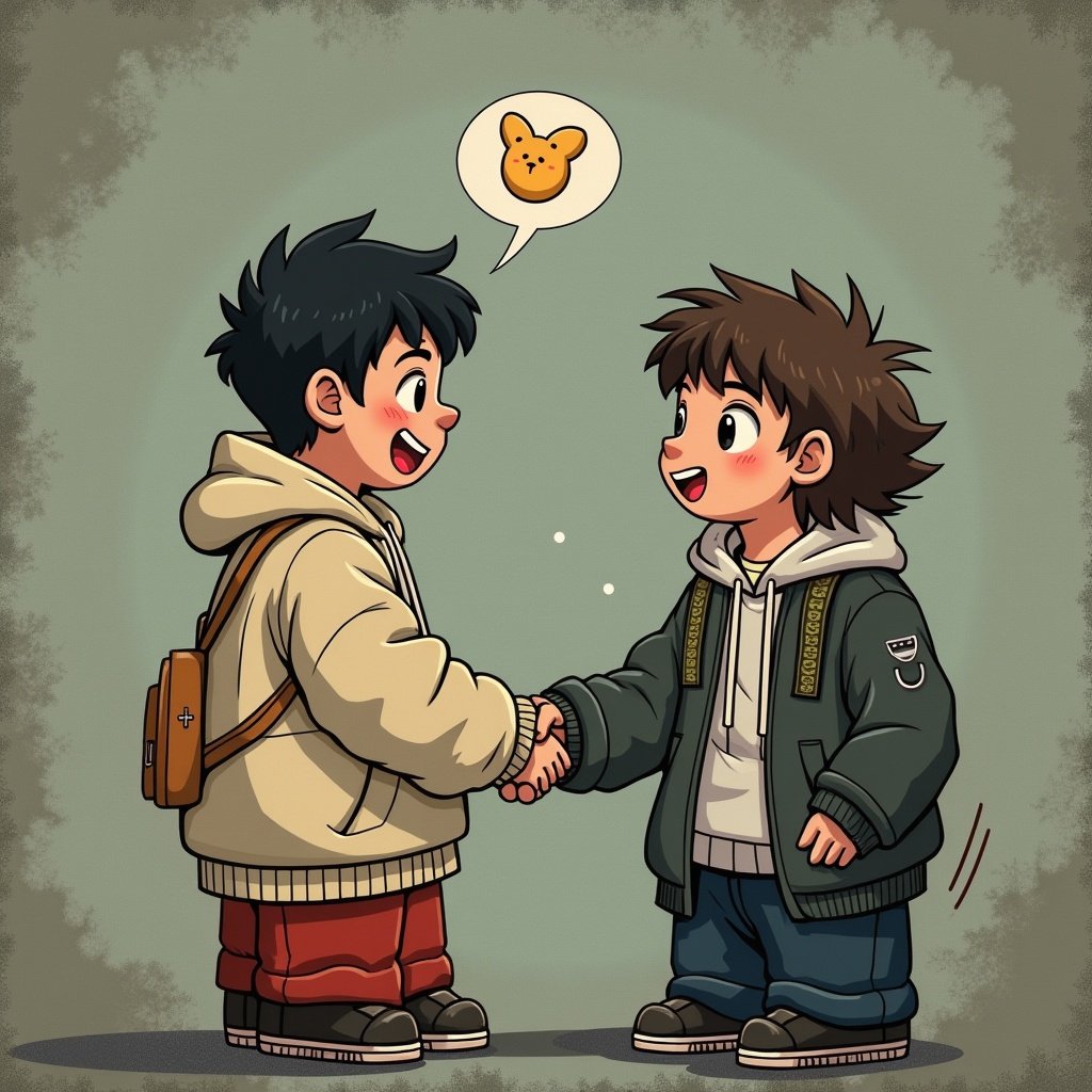 The image depicts two cartoon boys shaking hands with cheerful expressions. They are both wearing casual, stylish clothing with hoods. The background is a muted, light green which complements their animated features. One boy has black hair and is wearing a light-colored hoodie, while the other has brown, spiky hair and is in a darker sweatshirt. Above them, a cartoon speech bubble shows a cute bear, hinting at their playful conversation. This scene embodies friendship and joy among young kids.