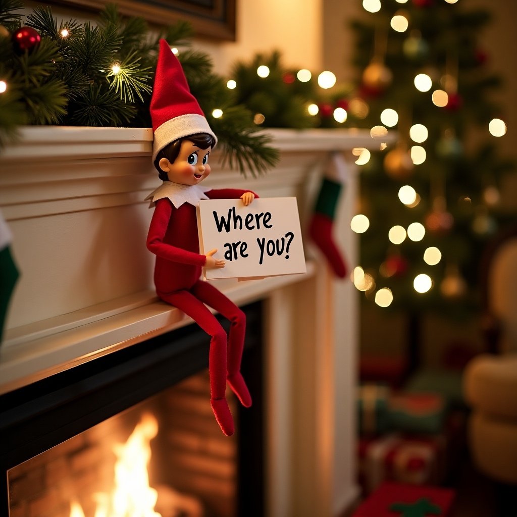 Elf on the shelf with a sign asking where are you. Cozy holiday scene with a fireplace and Christmas decorations. Focus on the elf and sign.