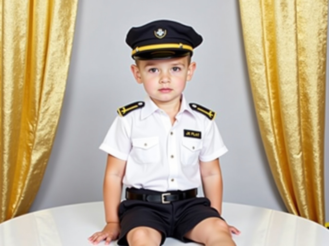 The image shows a young child dressed as a pilot. The child is seated on a table, wearing a pilot uniform with a white shirt, black shorts, and a cap. The shirt has epaulets and a name tag that reads "JR. PILOT." The child appears to be looking towards the camera with a neutral expression. The backdrop features a light gray background, and there are golden curtains on one side, creating a playful yet professional atmosphere.