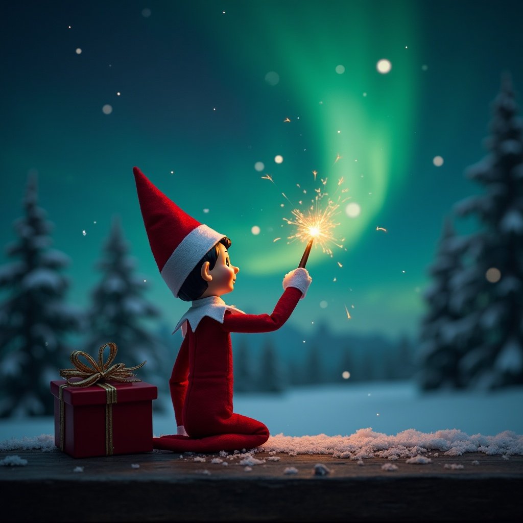 Elf on the Shelf holds a wand while facing the sky. Magical Christmas scene includes northern lights and symbolizes the holiday atmosphere with snow-covered landscape.