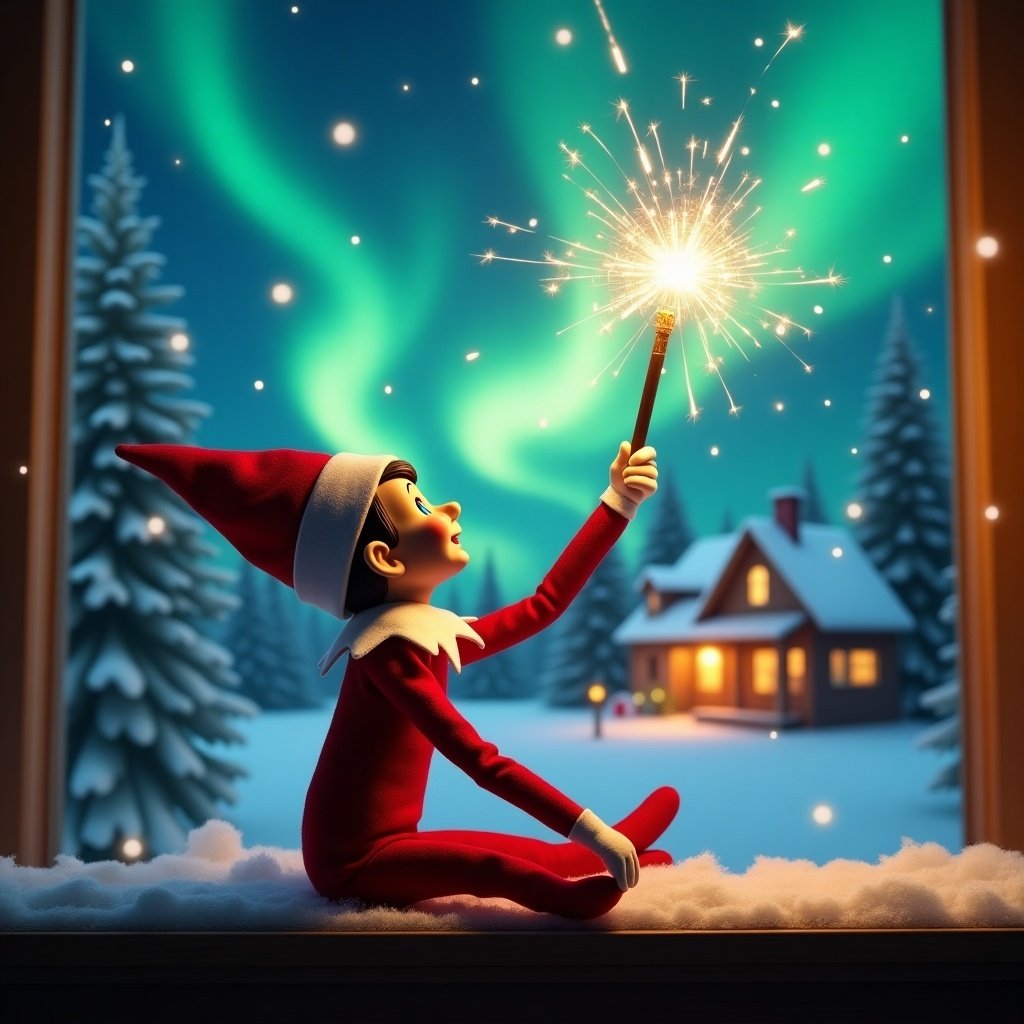 Elf on the shelf gazes skyward. Holds a glowing wand. Background features Christmas scene with northern lights. Cozy house in distance. Snow-covered ground. Elf embodies magic and wonder of Christmas. Wand spells out name in light.