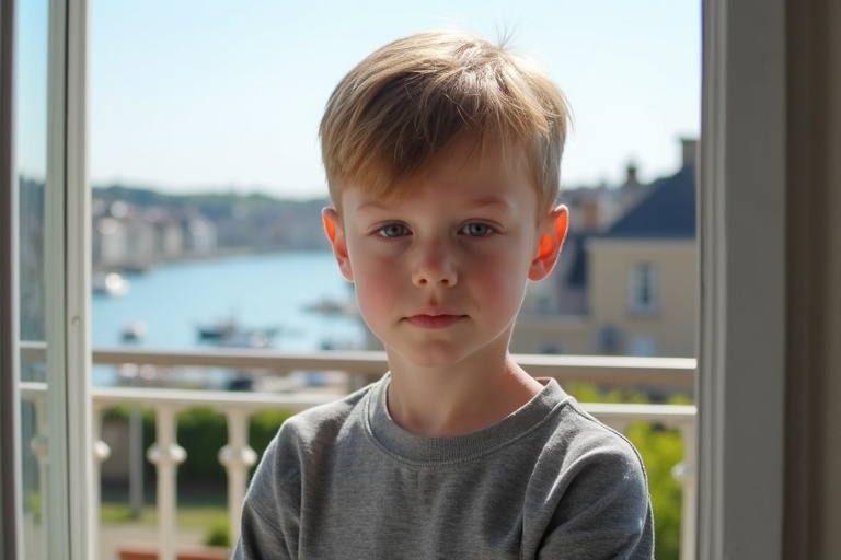 Young boy with Central European features wears a grey sweatshirt. He stands on a balcony looking out at a harbor in Normandy. The day is sunny and bright.