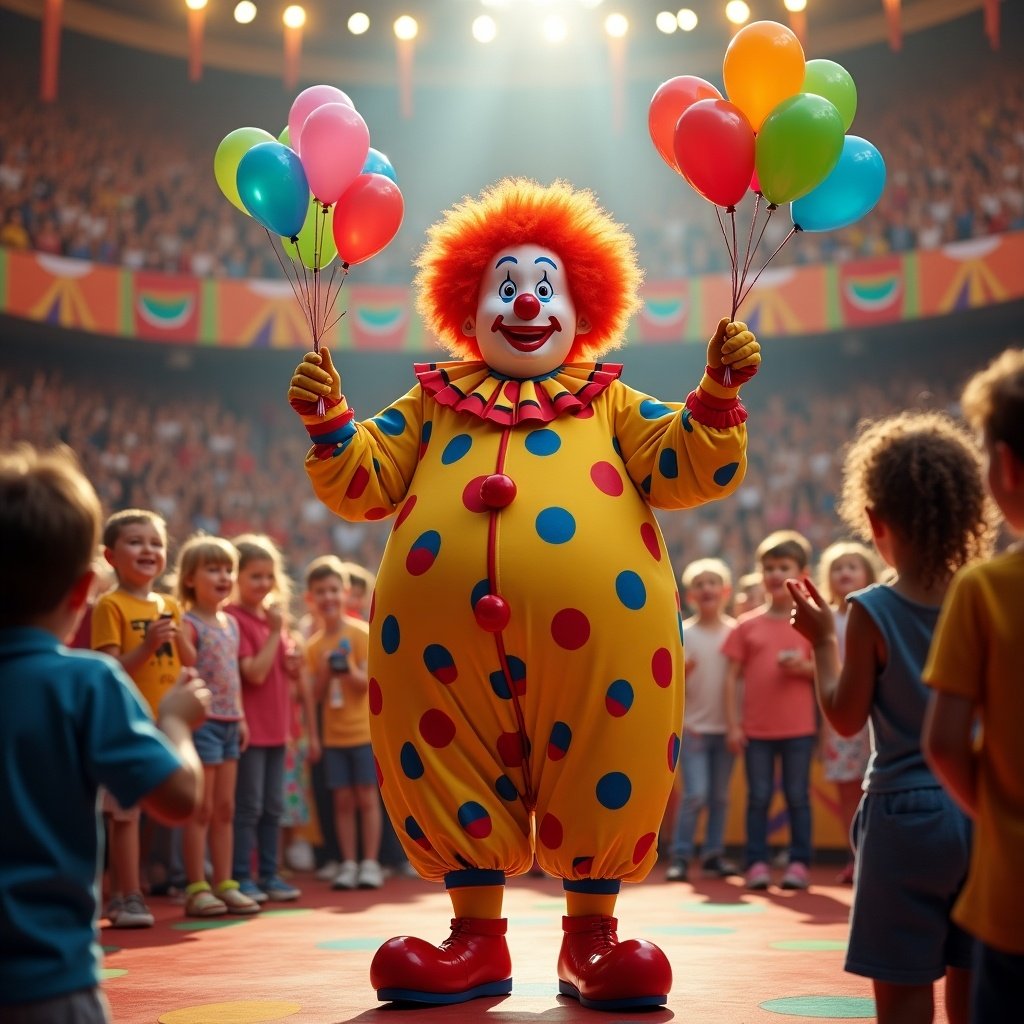 A clown performs in a circus. The clown has bright red hair and colorful polka-dotted costume. Clown holds balloons while children cheer. The audience is merry and engaged.