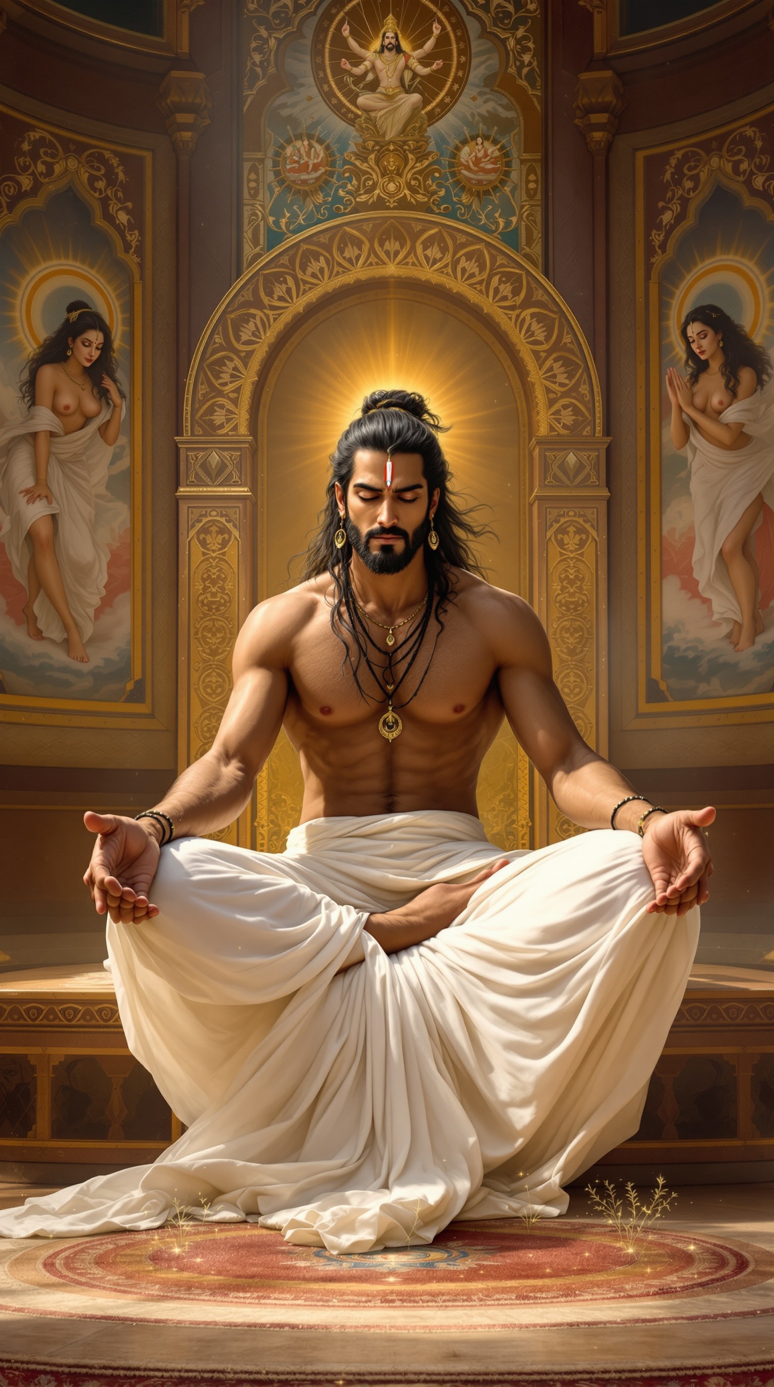 Arjuna sits in a meditative pose in his chamber. His long hair is tied back, and his face displays intense focus with deep eyes and a light beard. Clad in simple white attire, he is enveloped by a soft divine aura. The chamber around him features wood and stone decor, complemented by murals depicting heavenly scenes. As Urvashi enters gracefully, her enchanting movements and flowing shimmering attire add elegance to the atmosphere.