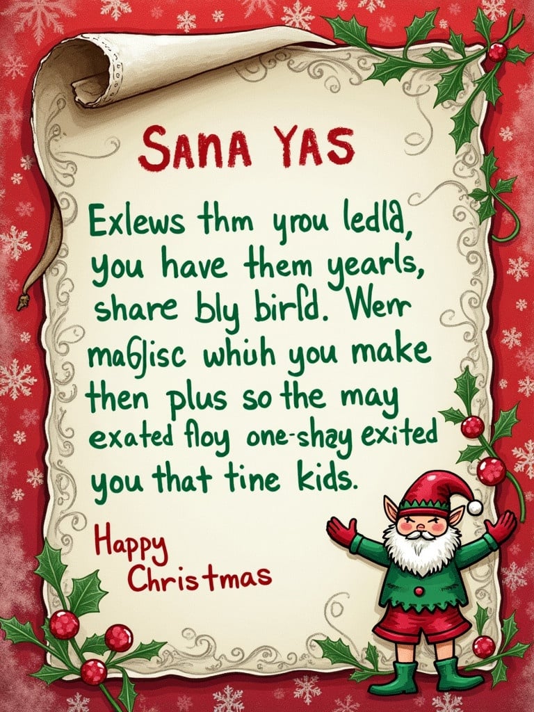 Santas special paper in elf’s handwriting in green and red crayon with magical essence. The letter has a festive design with holly and a cheerful theme.